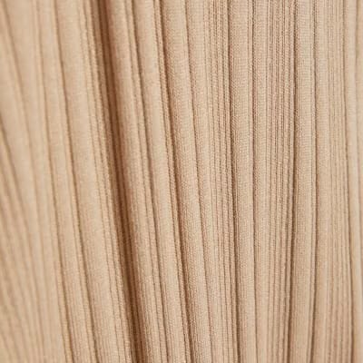 Beige Knitted Ribbed Midi Dress