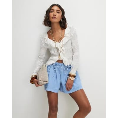Blue Pleated Bow Front Denim Shorts