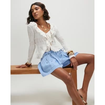 Blue Pleated Bow Front Denim Shorts