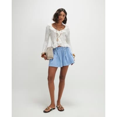 Blue Pleated Bow Front Denim Shorts