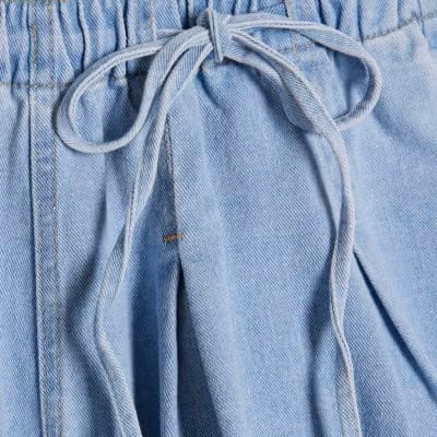 Blue Pleated Bow Front Denim Shorts