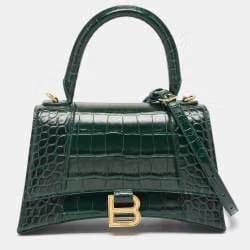 Balenciaga Green Croc Embossed Leather Small Hourglass Top Handle Bag