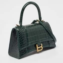 Balenciaga Green Croc Embossed Leather Small Hourglass Top Handle Bag