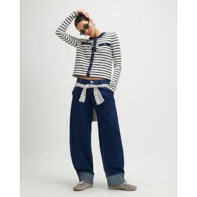 White Long Sleeve Striped Denim Mix Cardigan