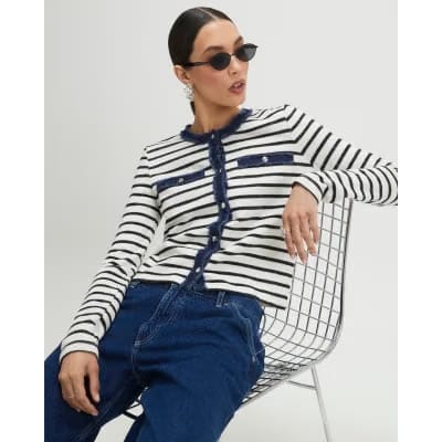 White Long Sleeve Striped Denim Mix Cardigan