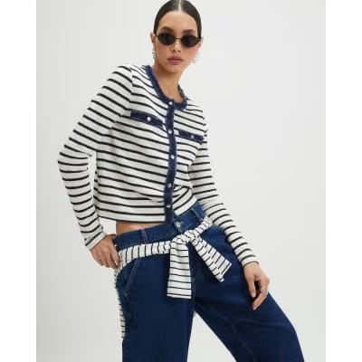 White Long Sleeve Striped Denim Mix Cardigan