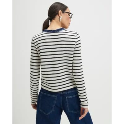 White Long Sleeve Striped Denim Mix Cardigan