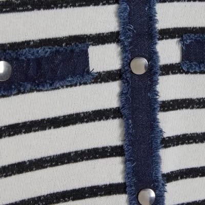 White Long Sleeve Striped Denim Mix Cardigan