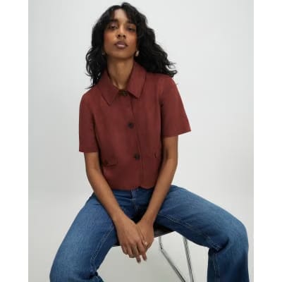 Brown Faux Suede Pocket Detail Shirt