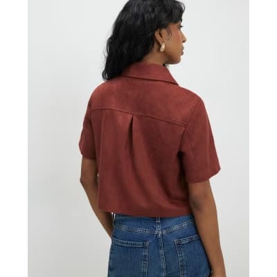 Brown Faux Suede Pocket Detail Shirt
