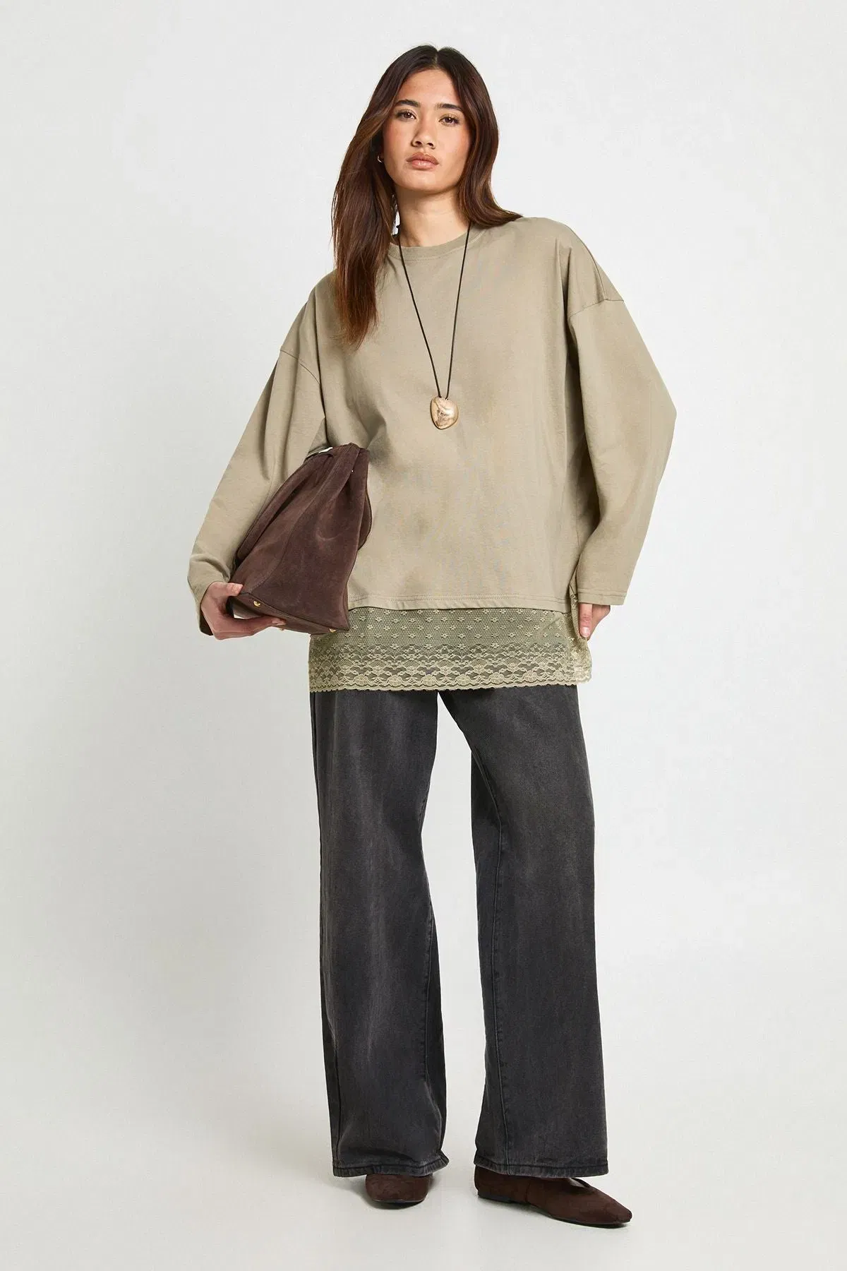 Long Sleeve T-shirt with Lace Hem Trim