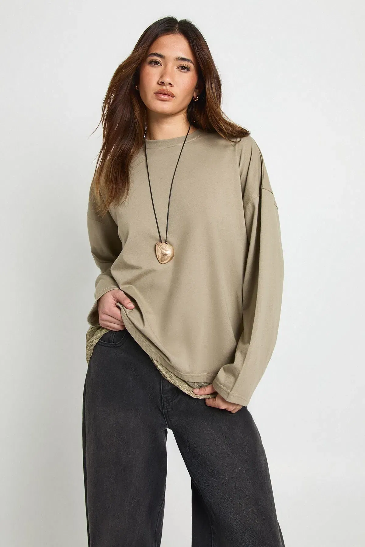 Long Sleeve T-shirt with Lace Hem Trim