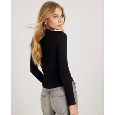 Black Long Sleeve Ribbed Crew Neck Top