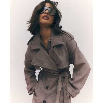 Brown Faux Suede Belted Trench Coat