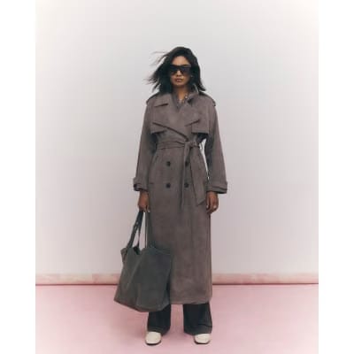 Brown Faux Suede Belted Trench Coat