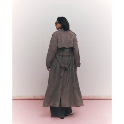 Brown Faux Suede Belted Trench Coat