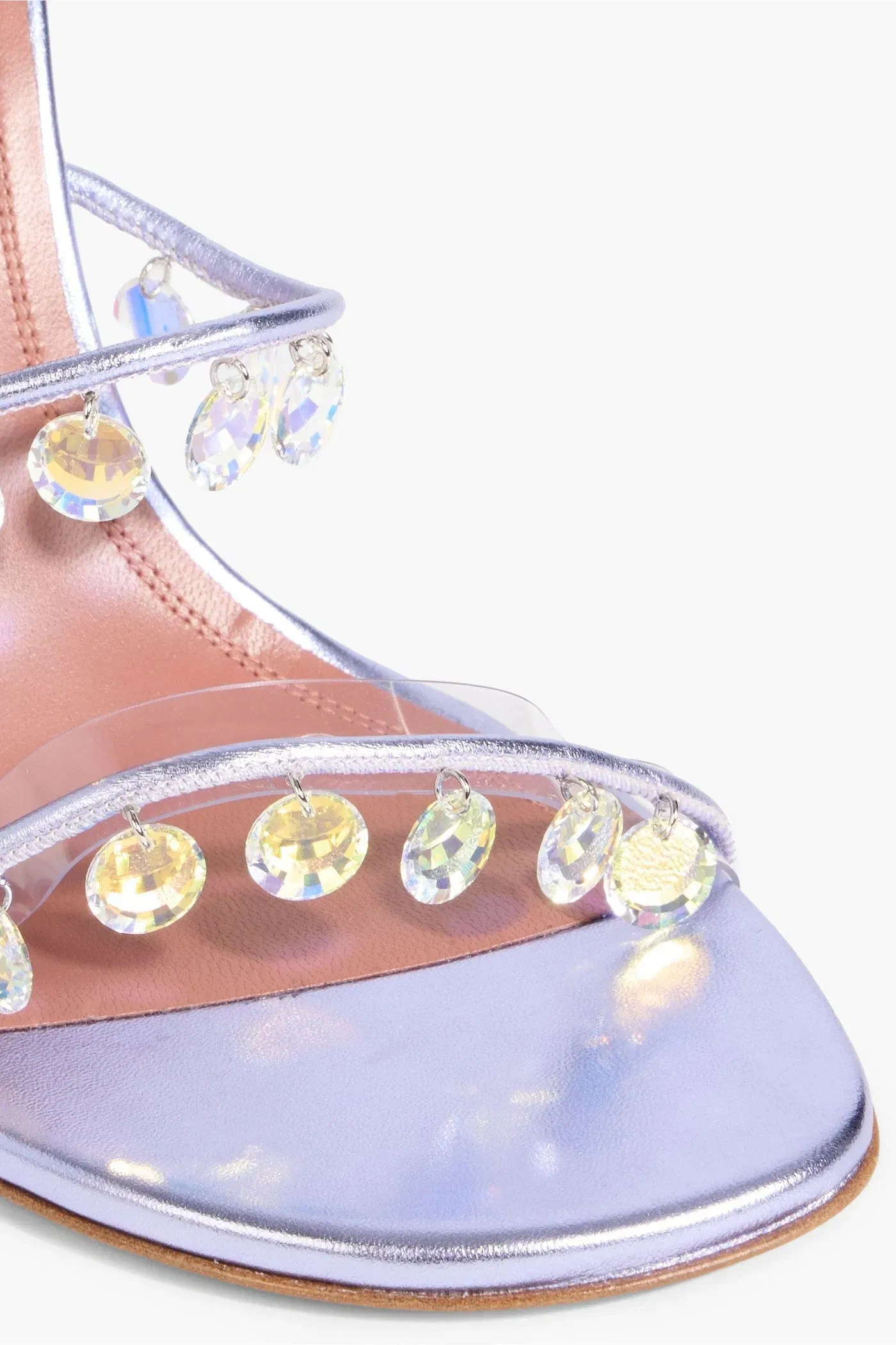 Amina Muaddi Tina 105 Crystal-Embellished Metallic Leather Sandals Lilac Women's