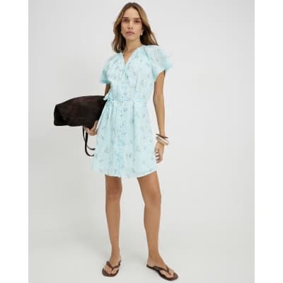 Blue Floral Short Sleeve Mini Dress