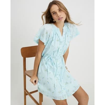 Blue Floral Short Sleeve Mini Dress