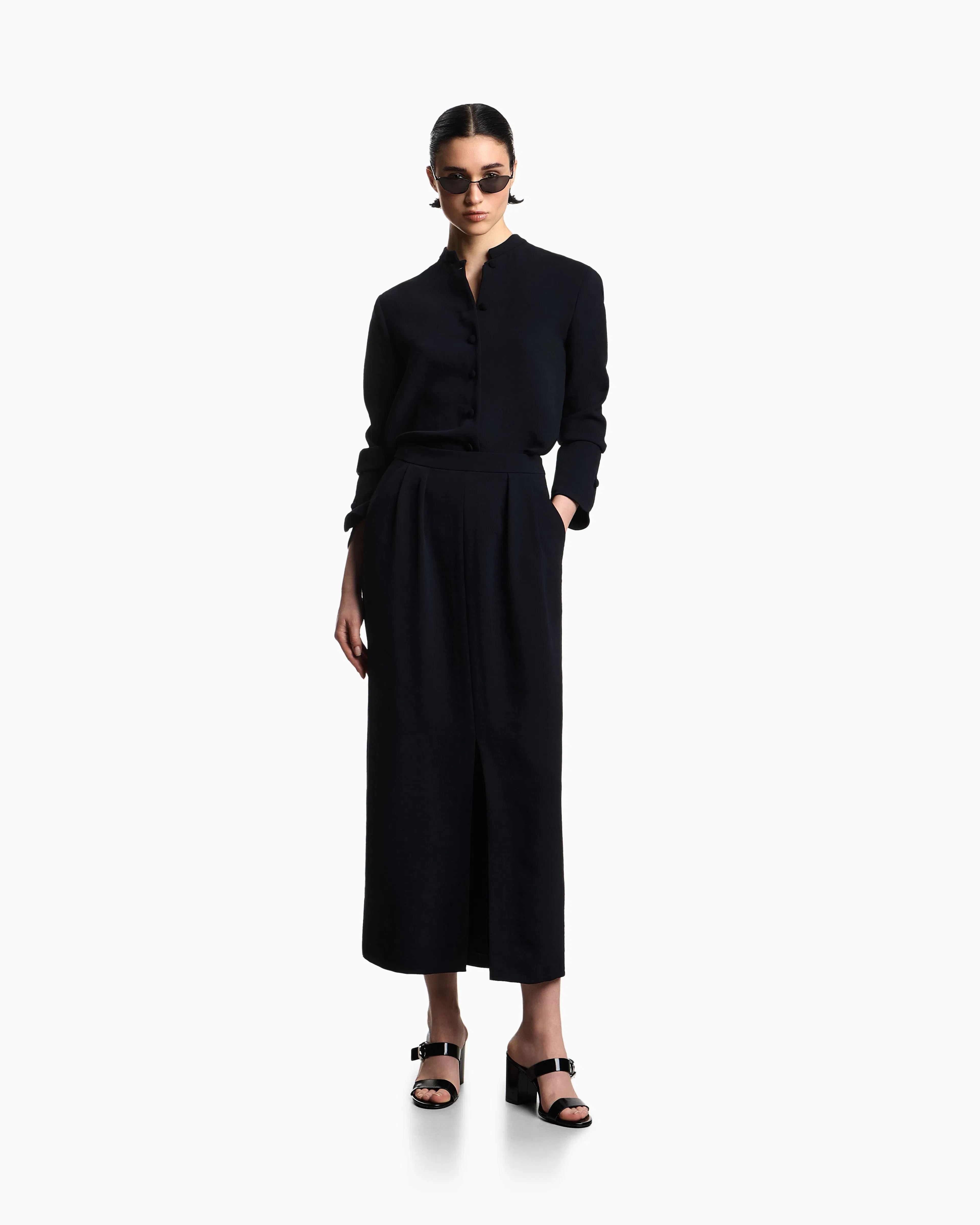 Emporio Armani Icon washed cady crêpe pleated long skirt