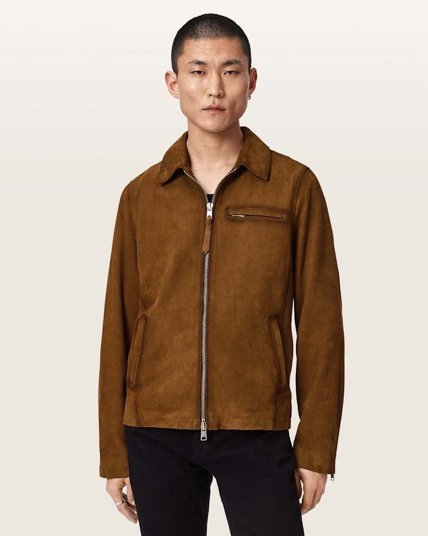 AllSaints Ashwood Long Sleeve Suede Jacket Tan Brown