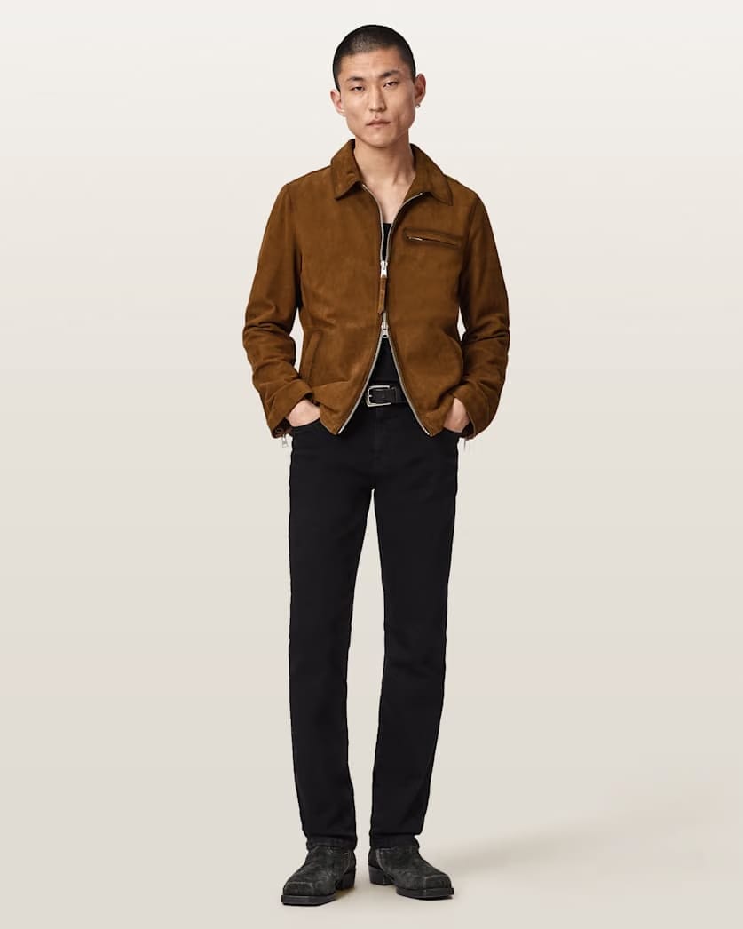 AllSaints Ashwood Long Sleeve Suede Jacket Tan Brown