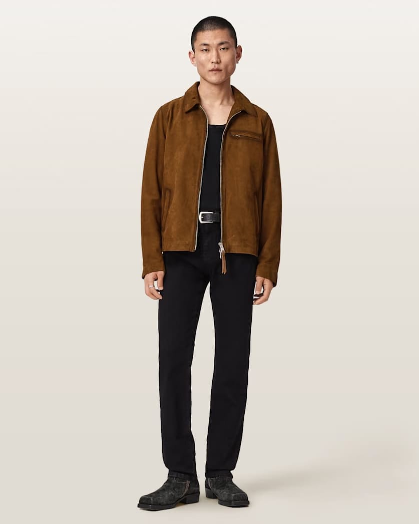 AllSaints Ashwood Long Sleeve Suede Jacket Tan Brown