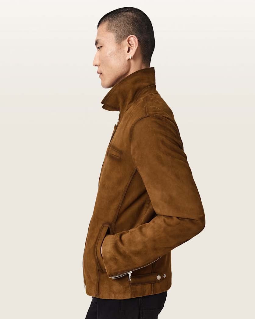 AllSaints Ashwood Long Sleeve Suede Jacket Tan Brown