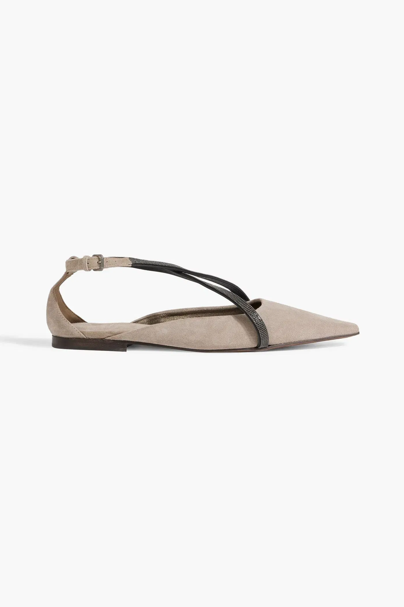 Brunello Cucinelli Bead-Embellished Suede Point-Toe Flats Stone Women's