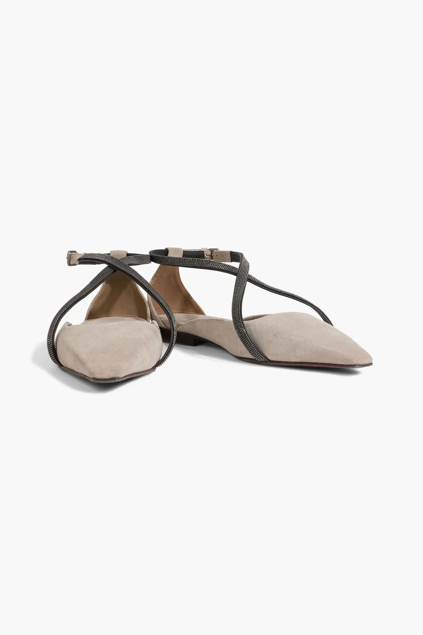 Brunello Cucinelli Bead-Embellished Suede Point-Toe Flats Stone Women's