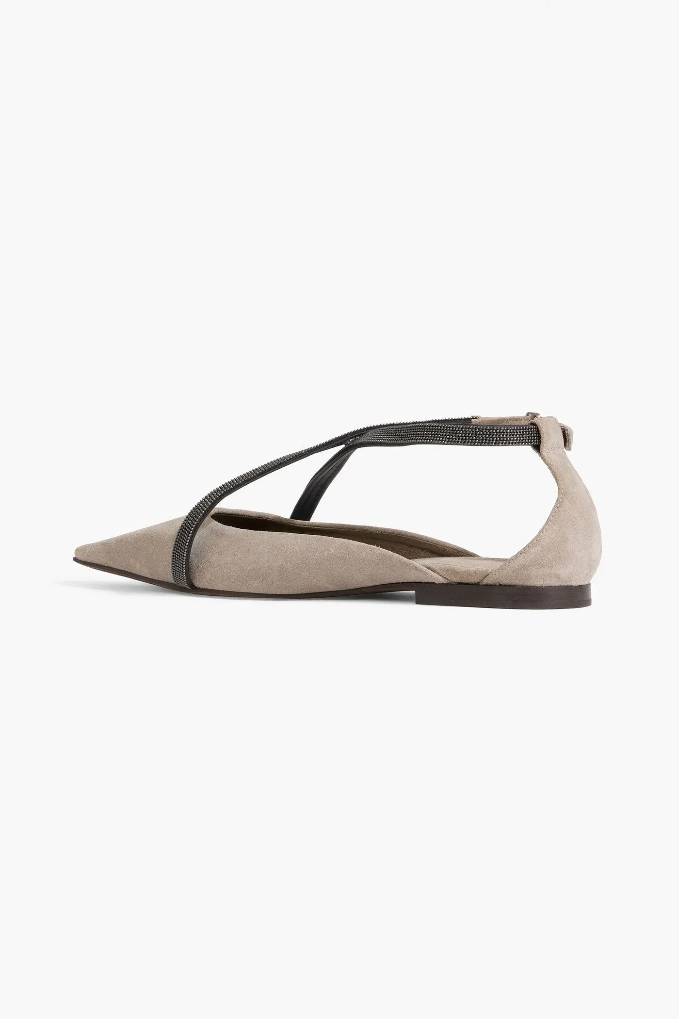 Brunello Cucinelli Bead-Embellished Suede Point-Toe Flats Stone Women's