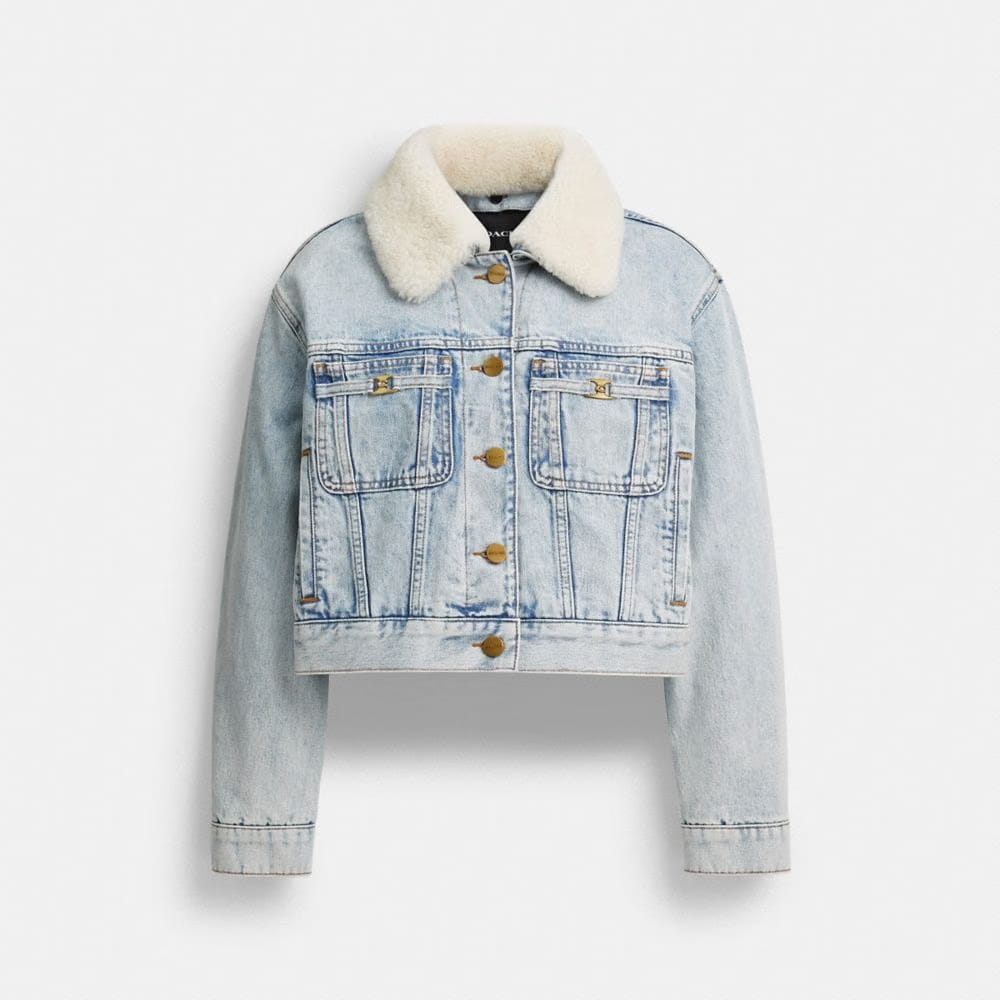 Coach Cropped Heritage C Denim Trucker Jacket In Organic Cotton With Shearling Collar Light Blue Denim