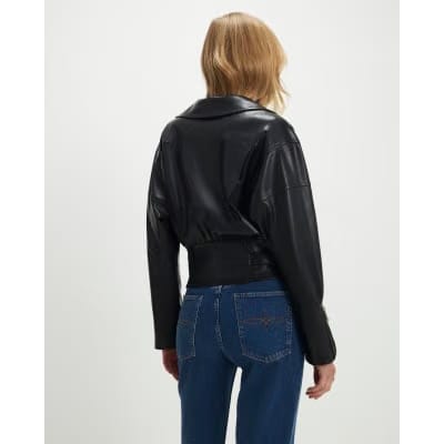 Black Faux Leather Waisted Biker Jacket