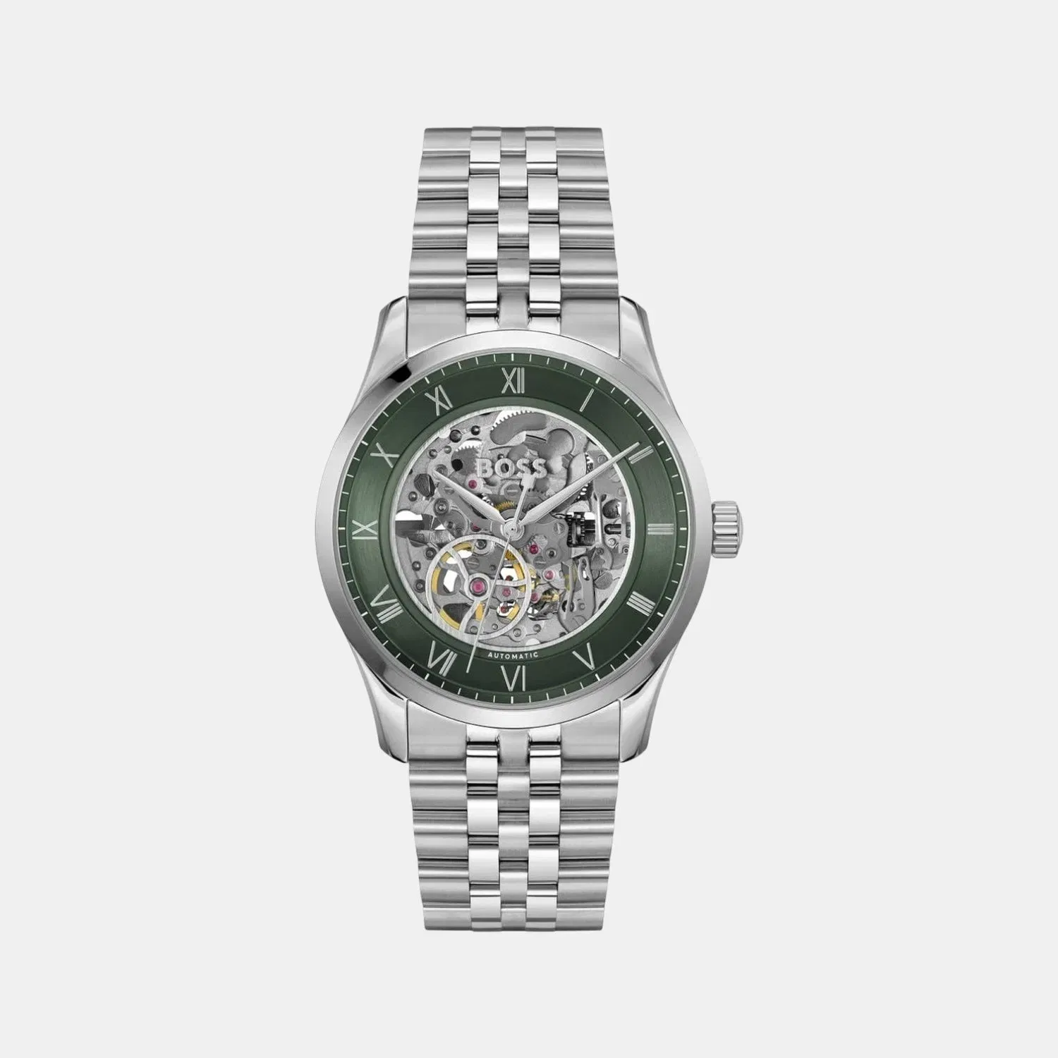 Boss Principle Skeleton Men Automatic Green Dial Analog Stainless Steel Watch 1514236