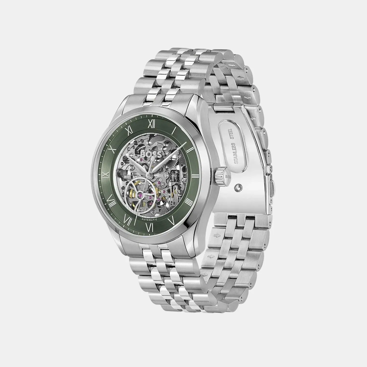 Boss Principle Skeleton Men Automatic Green Dial Analog Stainless Steel Watch 1514236