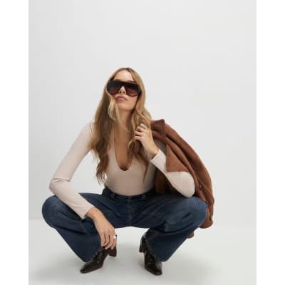 Beige Plunge Neckline Long Sleeve Bodysuit