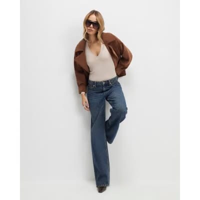 Beige Plunge Neckline Long Sleeve Bodysuit