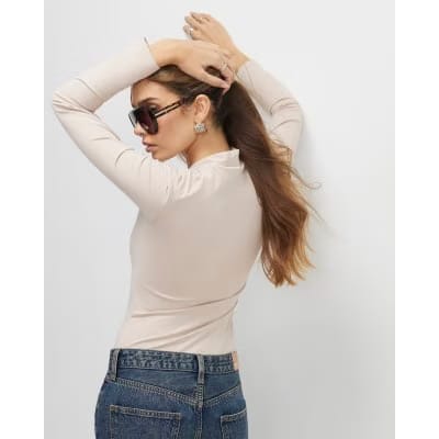 Beige Plunge Neckline Long Sleeve Bodysuit