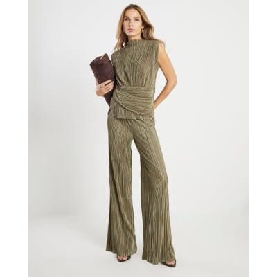 Green Plisse Wide Leg Trousers