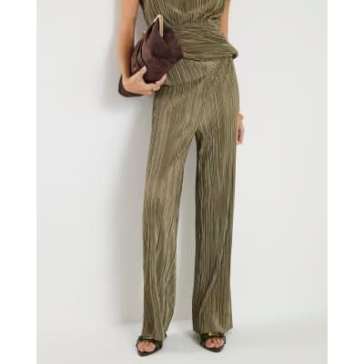 Green Plisse Wide Leg Trousers