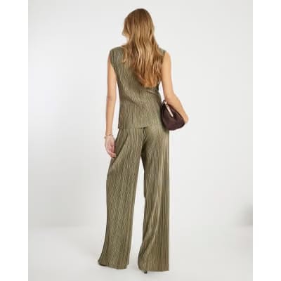 Green Plisse Wide Leg Trousers