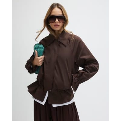 Brown Drop Hem Drawstring Jacket