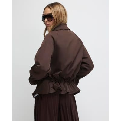 Brown Drop Hem Drawstring Jacket