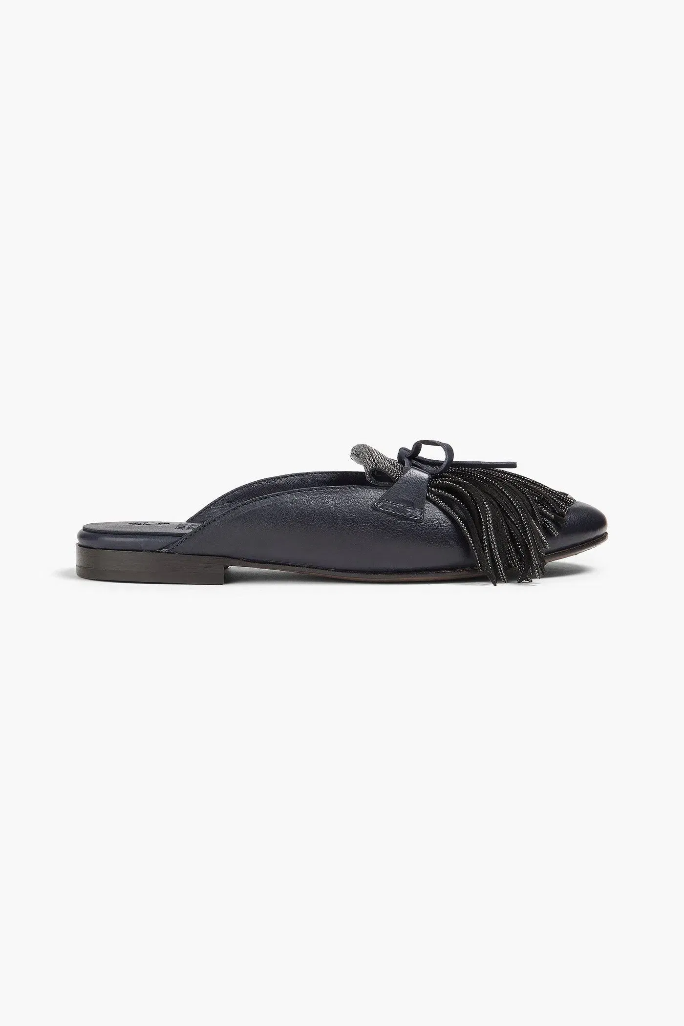 Brunello Cucinelli Bead-Embellished Fringed Leather Slippers Black Women's