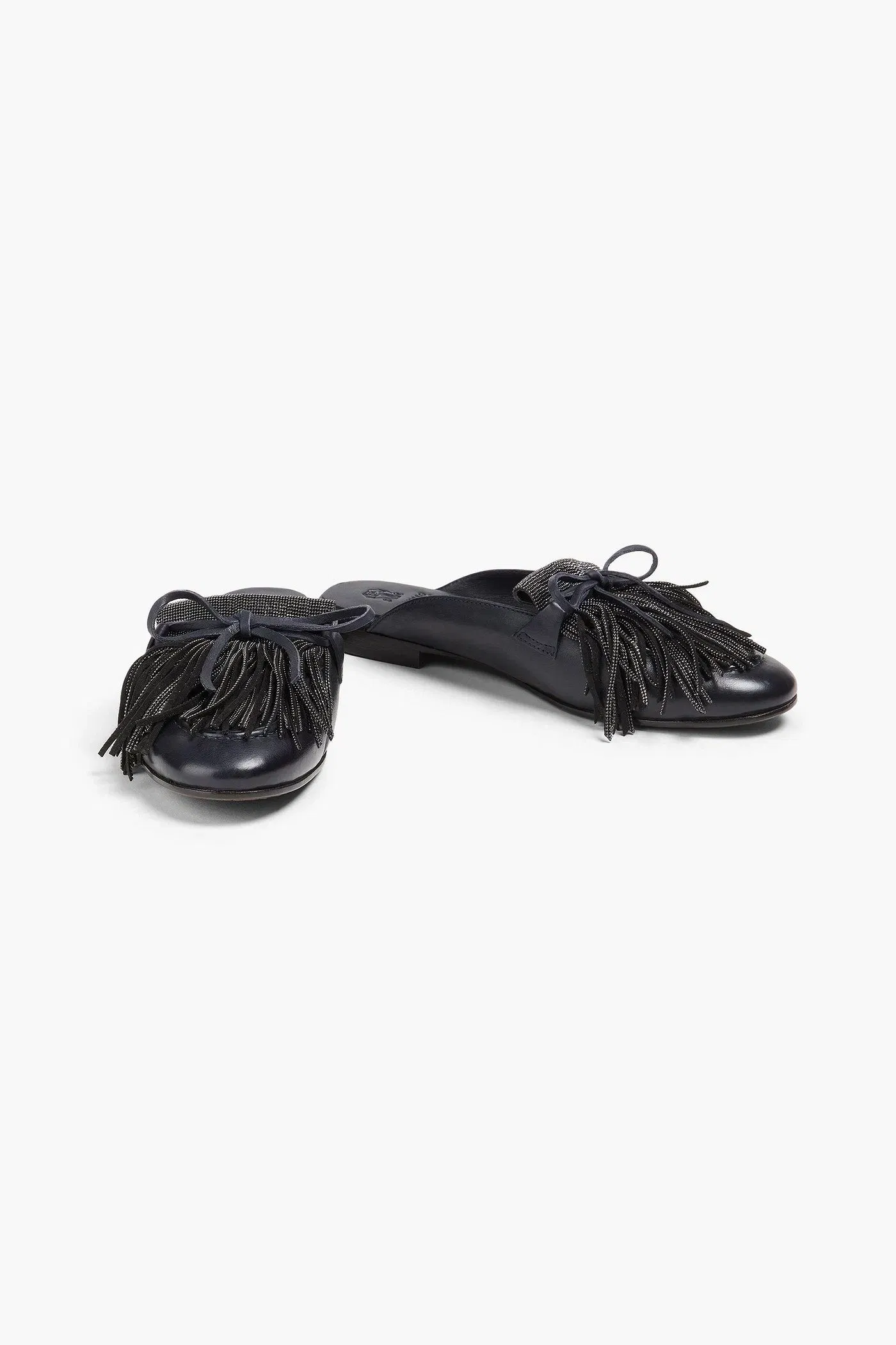 Brunello Cucinelli Bead-Embellished Fringed Leather Slippers Black Women's
