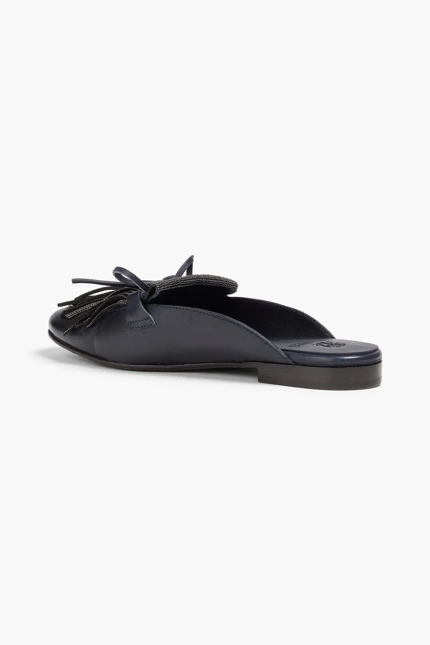Brunello Cucinelli Bead-Embellished Fringed Leather Slippers Black Women's