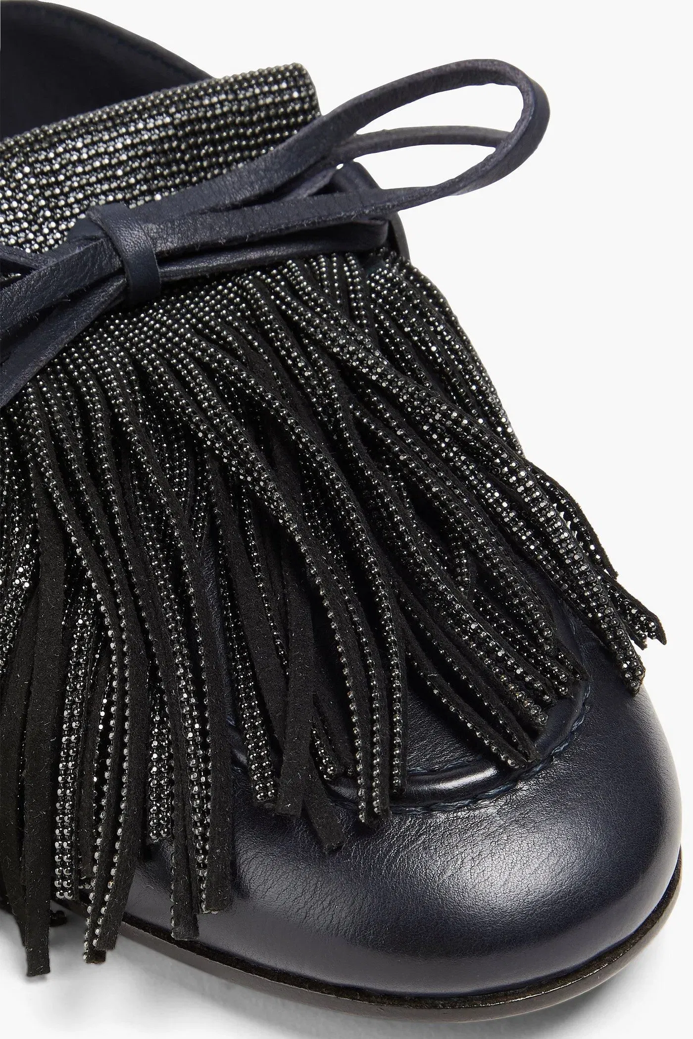 Brunello Cucinelli Bead-Embellished Fringed Leather Slippers Black Women's
