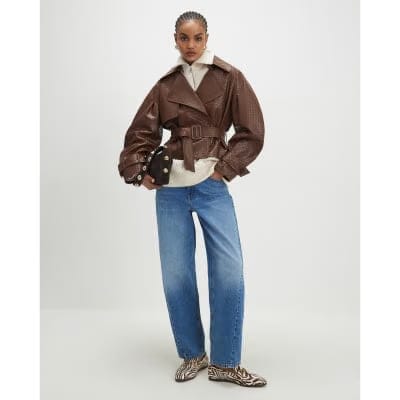 Brown Faux Leather Woven Trench jacket