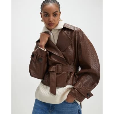 Brown Faux Leather Woven Trench jacket