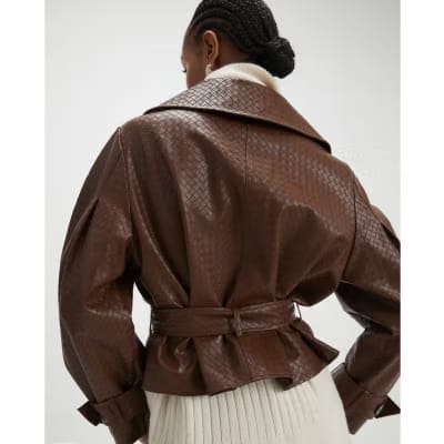 Brown Faux Leather Woven Trench jacket